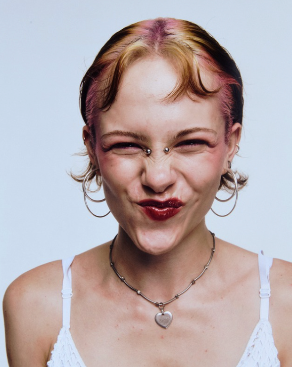 smiling pink hair lady